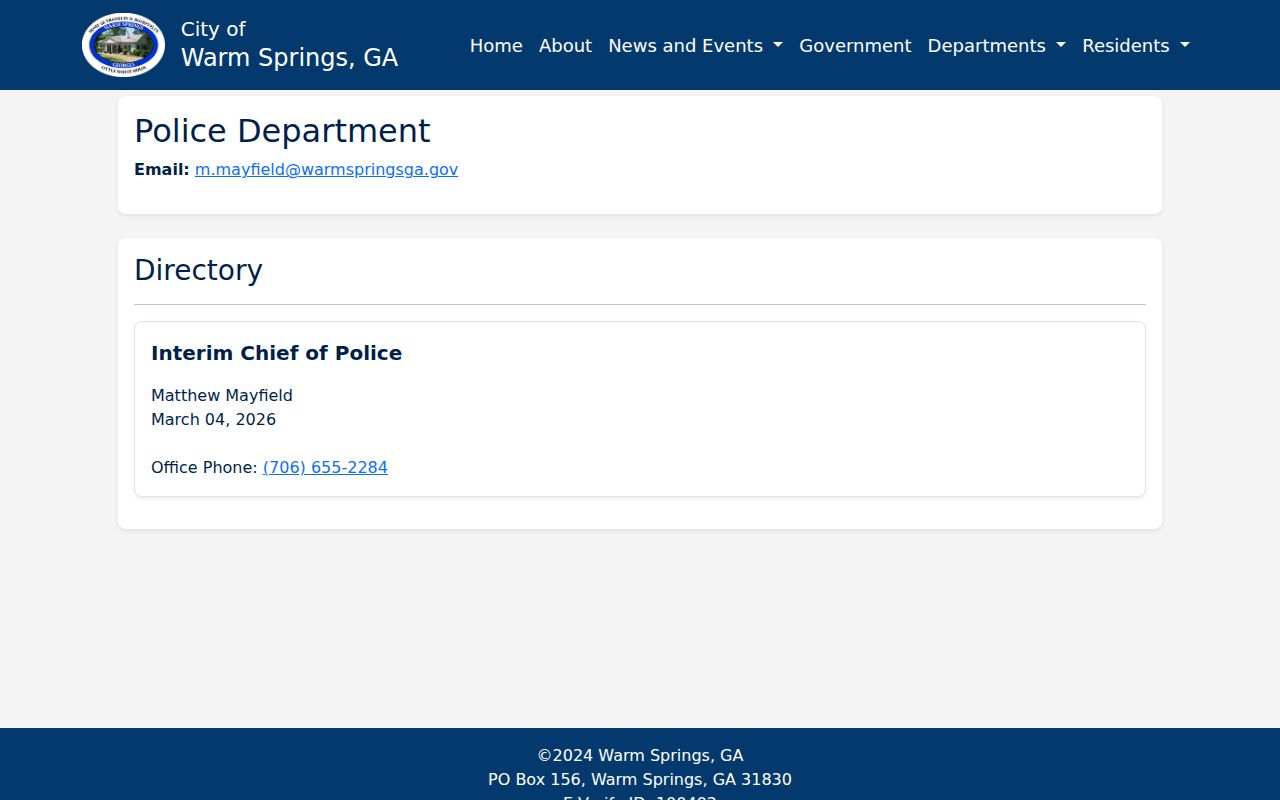 Warm Springs Police Department official contact page